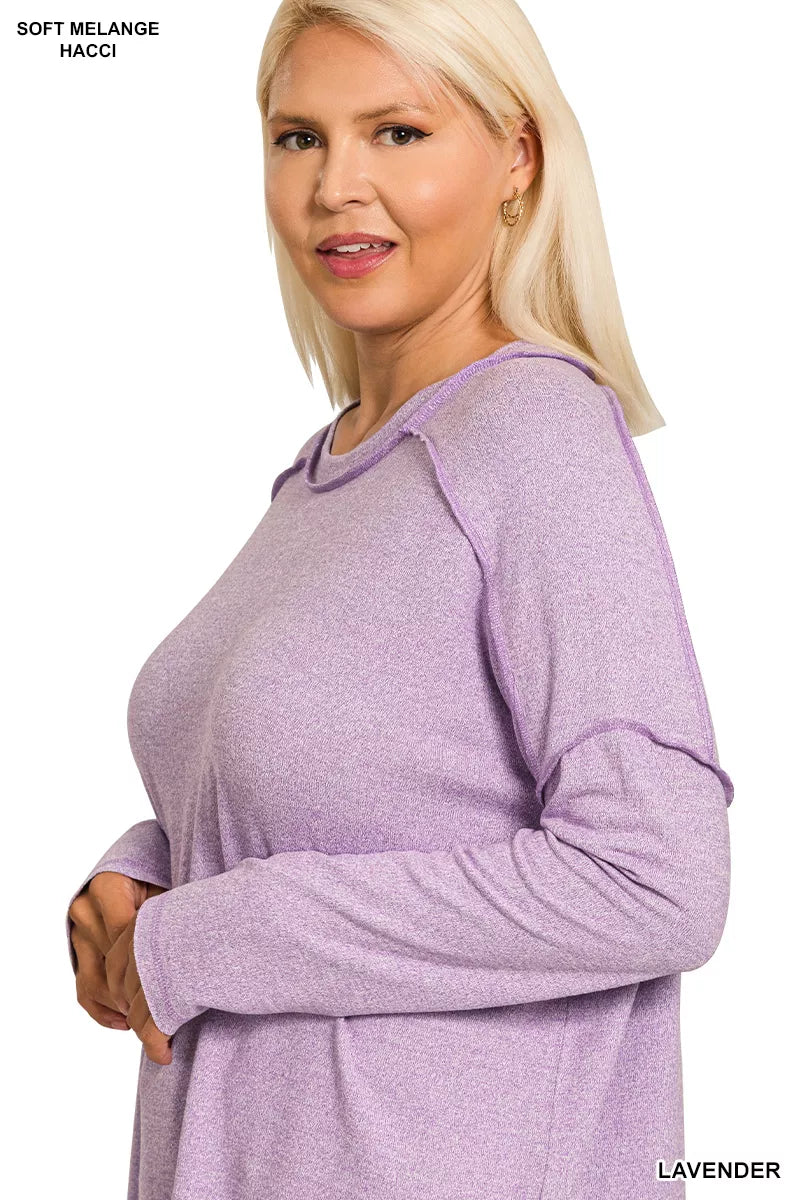 Zenana Full Size Melange Hacci Exposed Seam Hi-low Tee Plus Size | T-Shirts Daverri Fashions