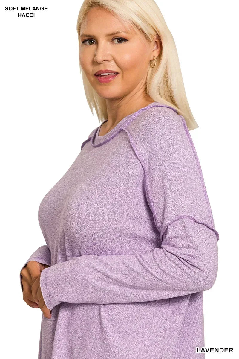 Zenana Full Size Melange Hacci Exposed Seam Hi-low Tee Plus Size - DAVERRI FASHIONS