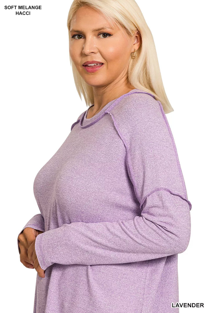 Zenana Full Size Melange Hacci Exposed Seam Hi-low Tee Plus Size | T-Shirts Daverri Fashions
