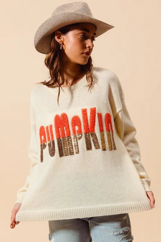 SO ME Contrast Sequin Pumpkin Slogan Sweater Top Sweaters