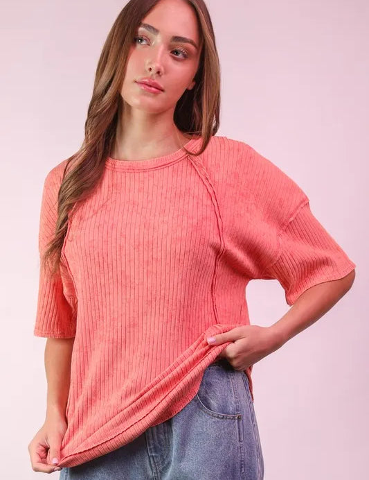 Coral VERY J Mineral Washed Ribbed Knit Casual Top | Knit Tops Daverri Fashions