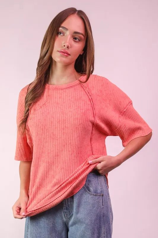 Coral VERY J Mineral Washed Ribbed Knit Casual Top | Knit Tops Daverri Fashions