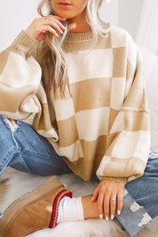 Khaki 100%Acrylic Checkered Bishop Sleeve Sweater | Sweaters Daverri Fashions