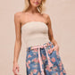 BiBi floral print denim shorts with pink flowers, braided belt, pockets