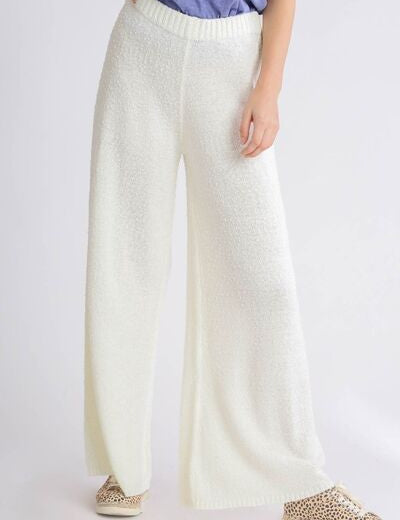 Umgee Full Size Elastic Waistband Wide Leg Sweater Pants Ivory Pants