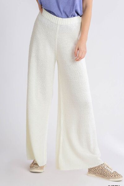 Umgee Full Size Elastic Waistband Wide Leg Sweater Pants Ivory Pants