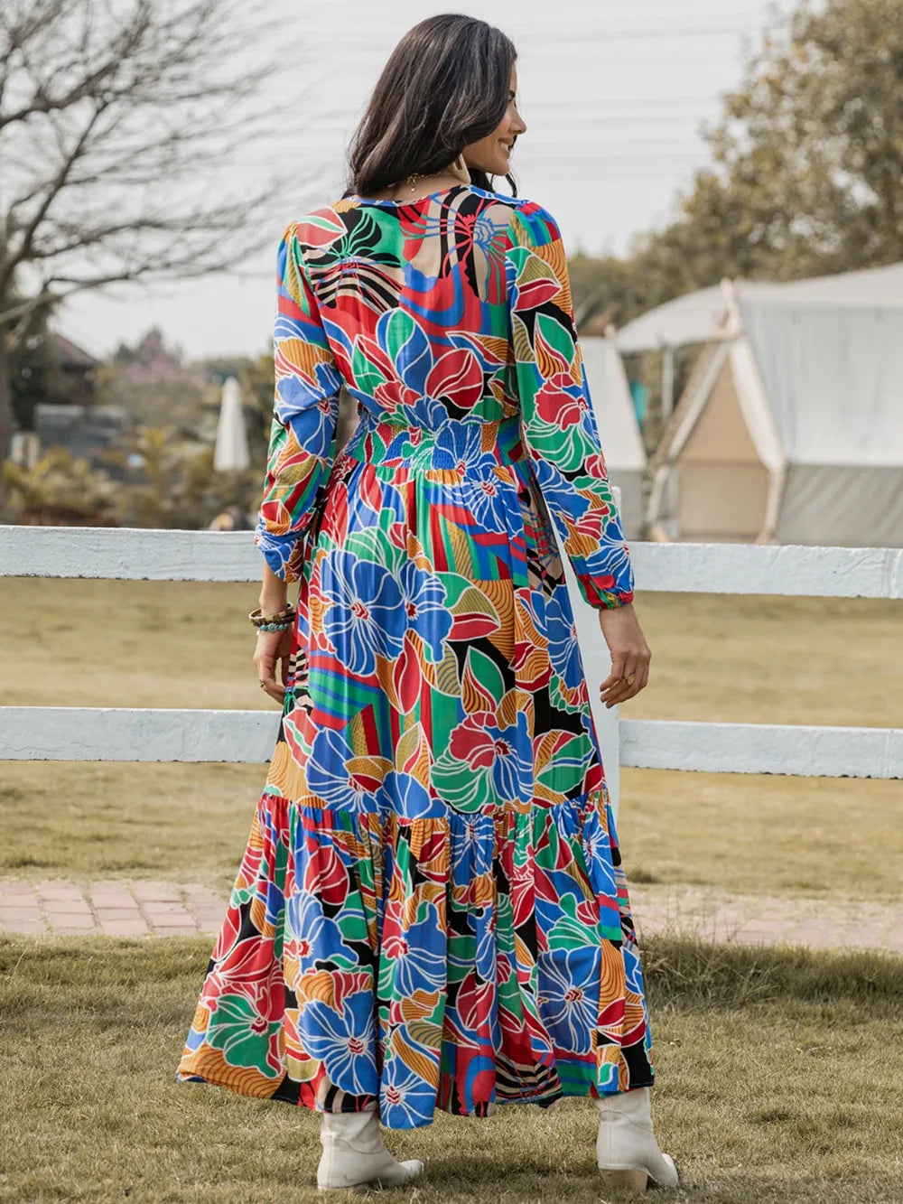 Printed smocked tie neck balloon sleeve floral maxi dress