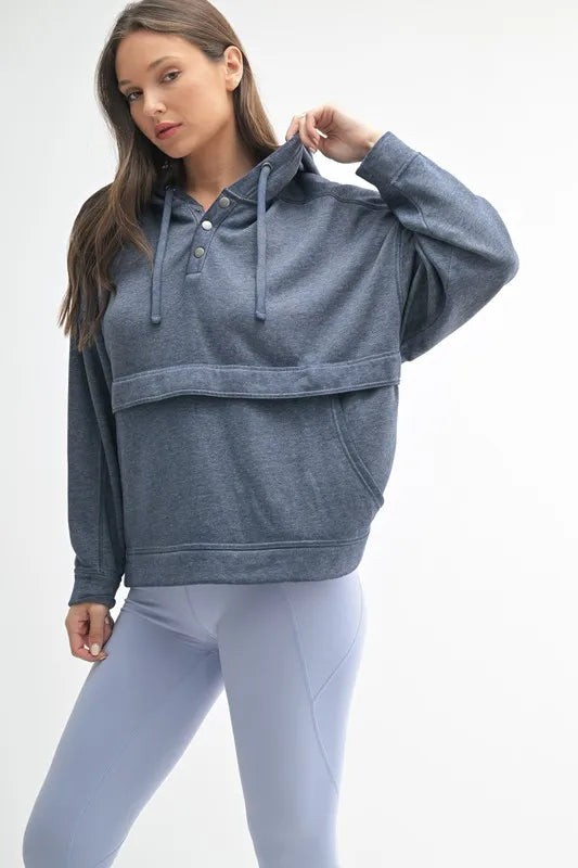 MONO B Drift Burnout Fleece Snap Hoodie DEEP OCEAN