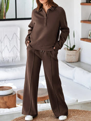 Collared Sweatshirt and High Waist Pants Active Set | Daverri Fashions