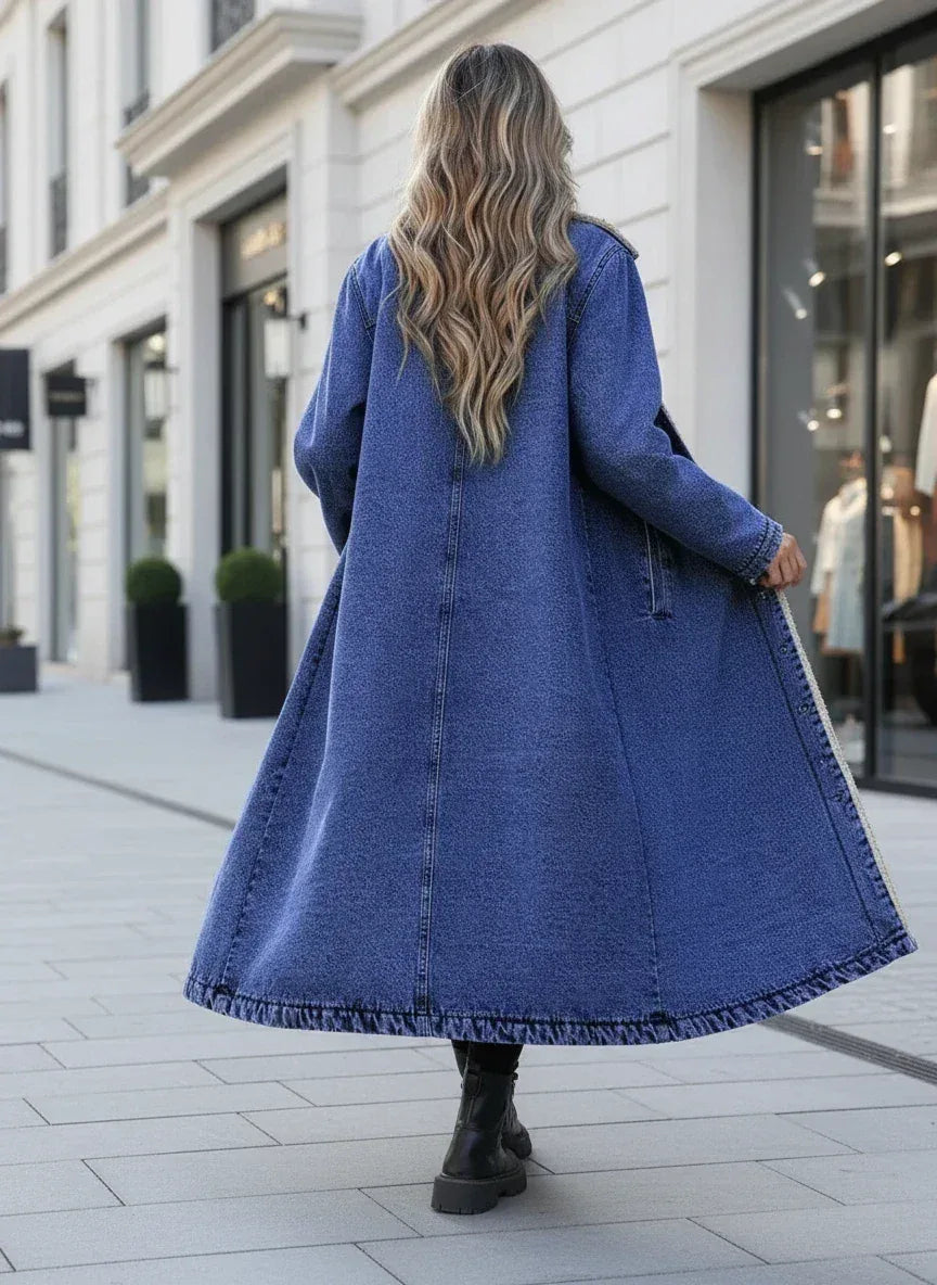 Daverri Fashions Sherpa Lined Longline Denim Jacket - DAVERRI FASHIONS