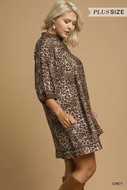 Umgee Full Size Leopard Print Mini Dress with Contrast Trim Plus Size | Mini Dresses Daverri Fashions