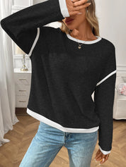Ribbed Contrast Trim Long Sleeve Top | Knit Tops Daverri Fashions