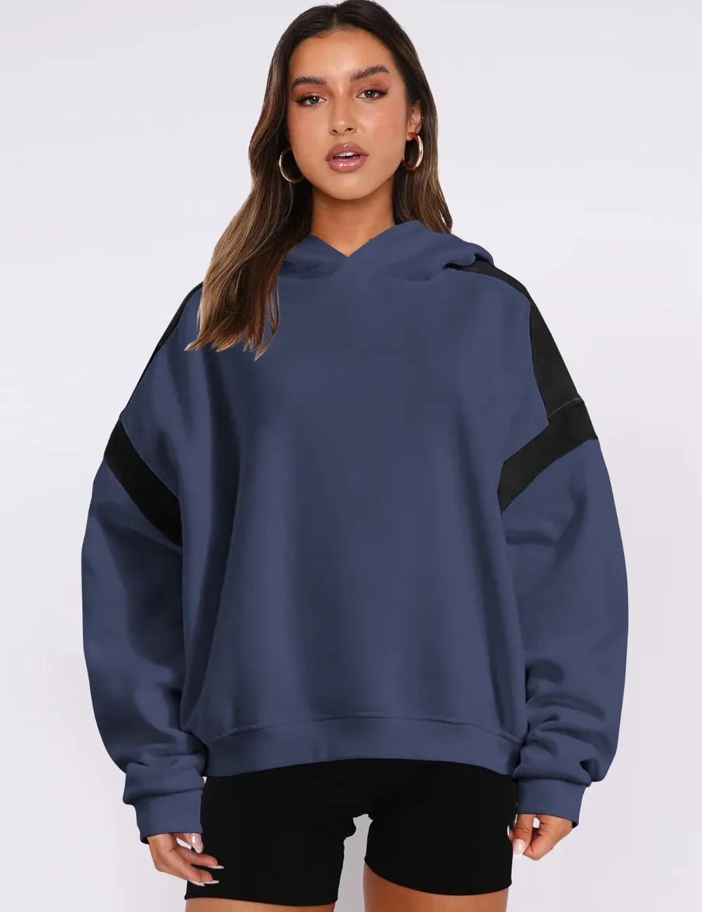 Peacock Blue Contrast Dropped Shoulder Long Sleeve Hoodie | Sweatshirts Daverri Fashions