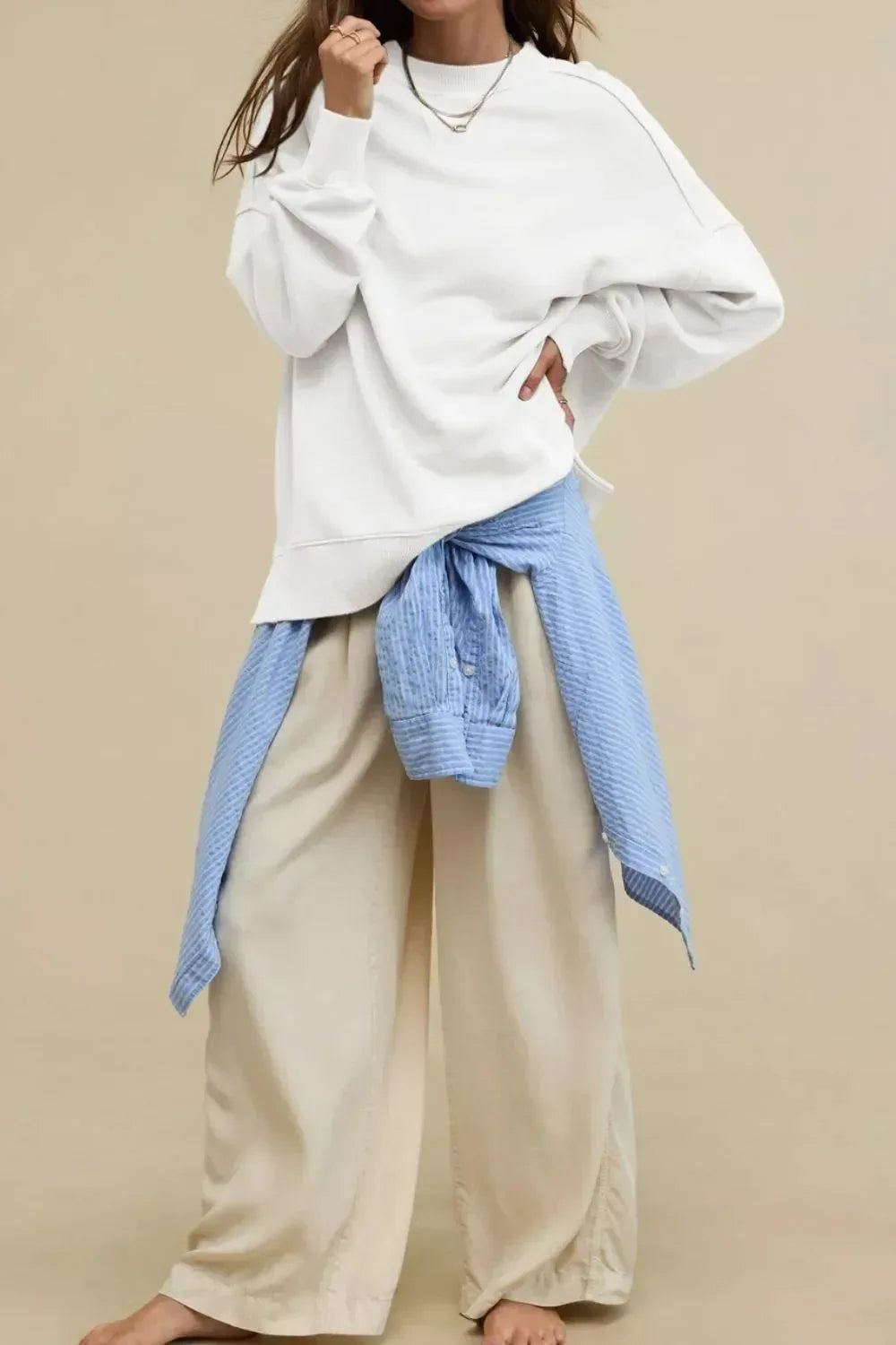 Side Slit Round Neck Long Sleeve Sweatshirt - DAVERRI FASHIONS