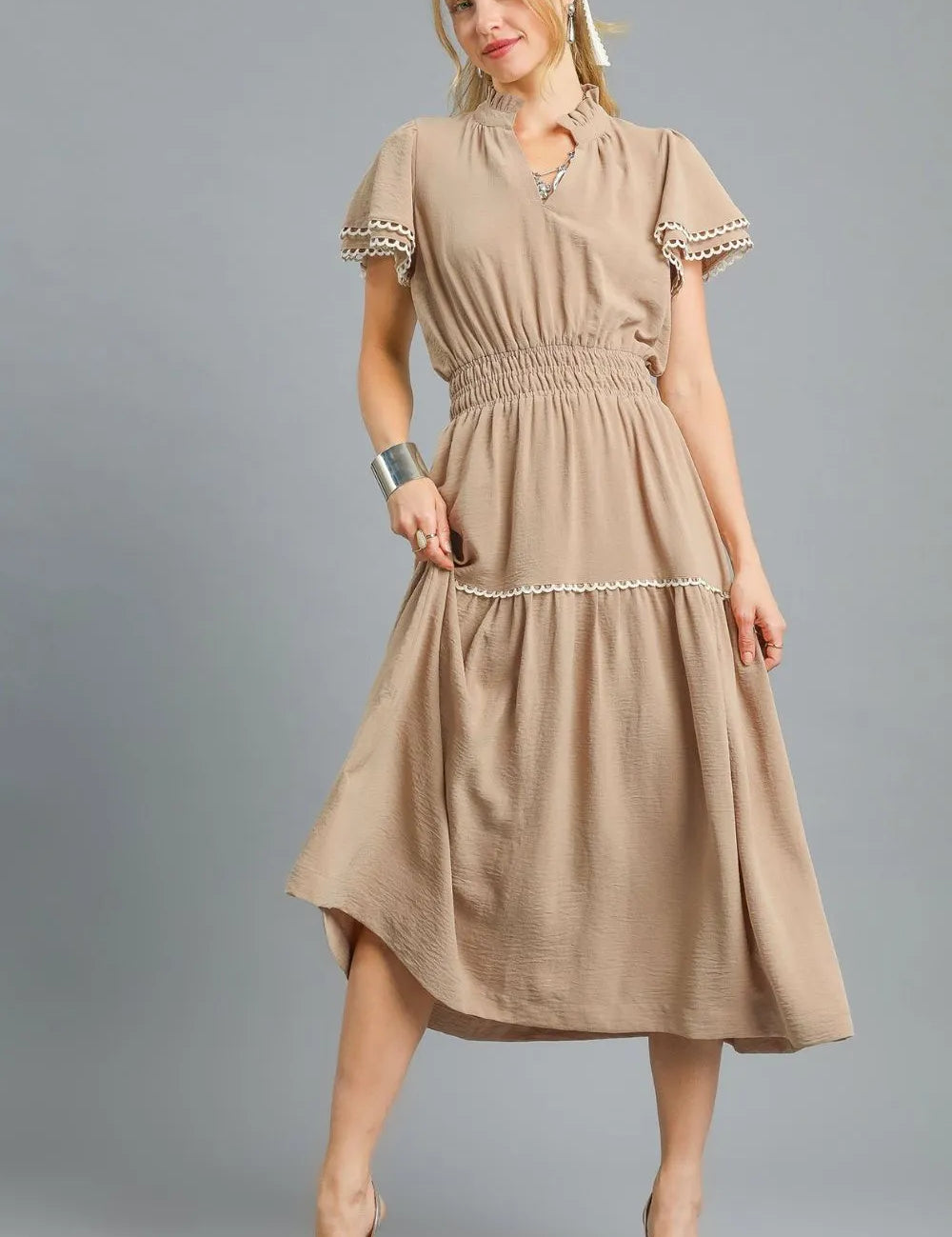 Camel Umgee Tiered Flutter Sleeve Midi Dress | Midi Dresses Daverri Fashions