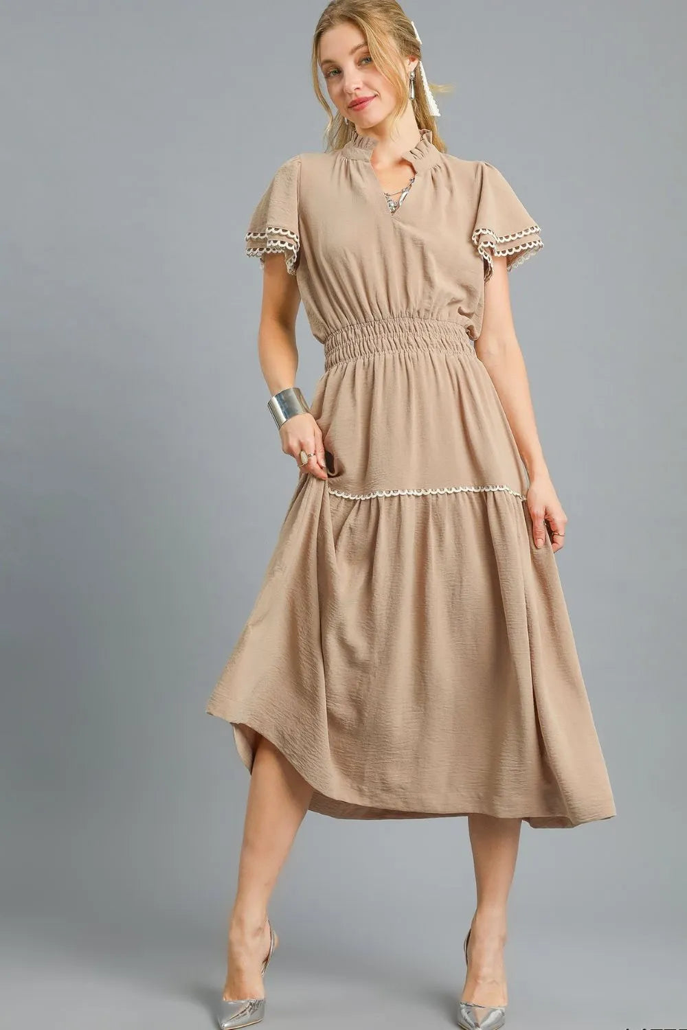 Umgee Tiered Flutter Sleeve Midi Dress Camel Midi Dresses