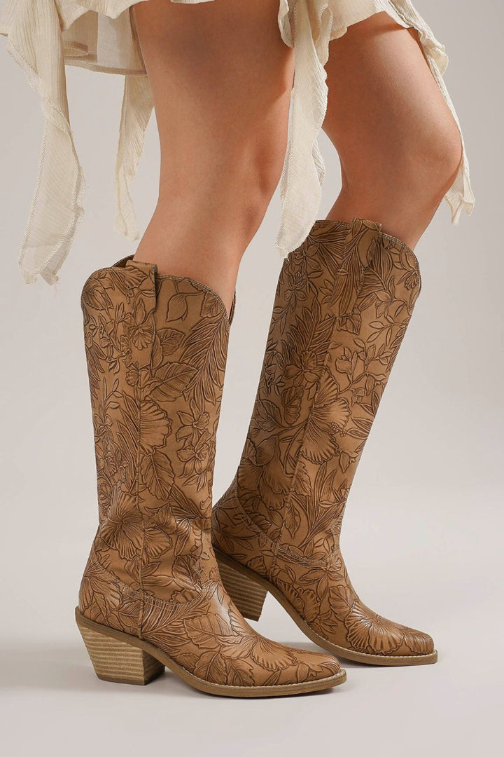 Embossed Floral Point Toe Block Heel Boots DK Taupe Boots