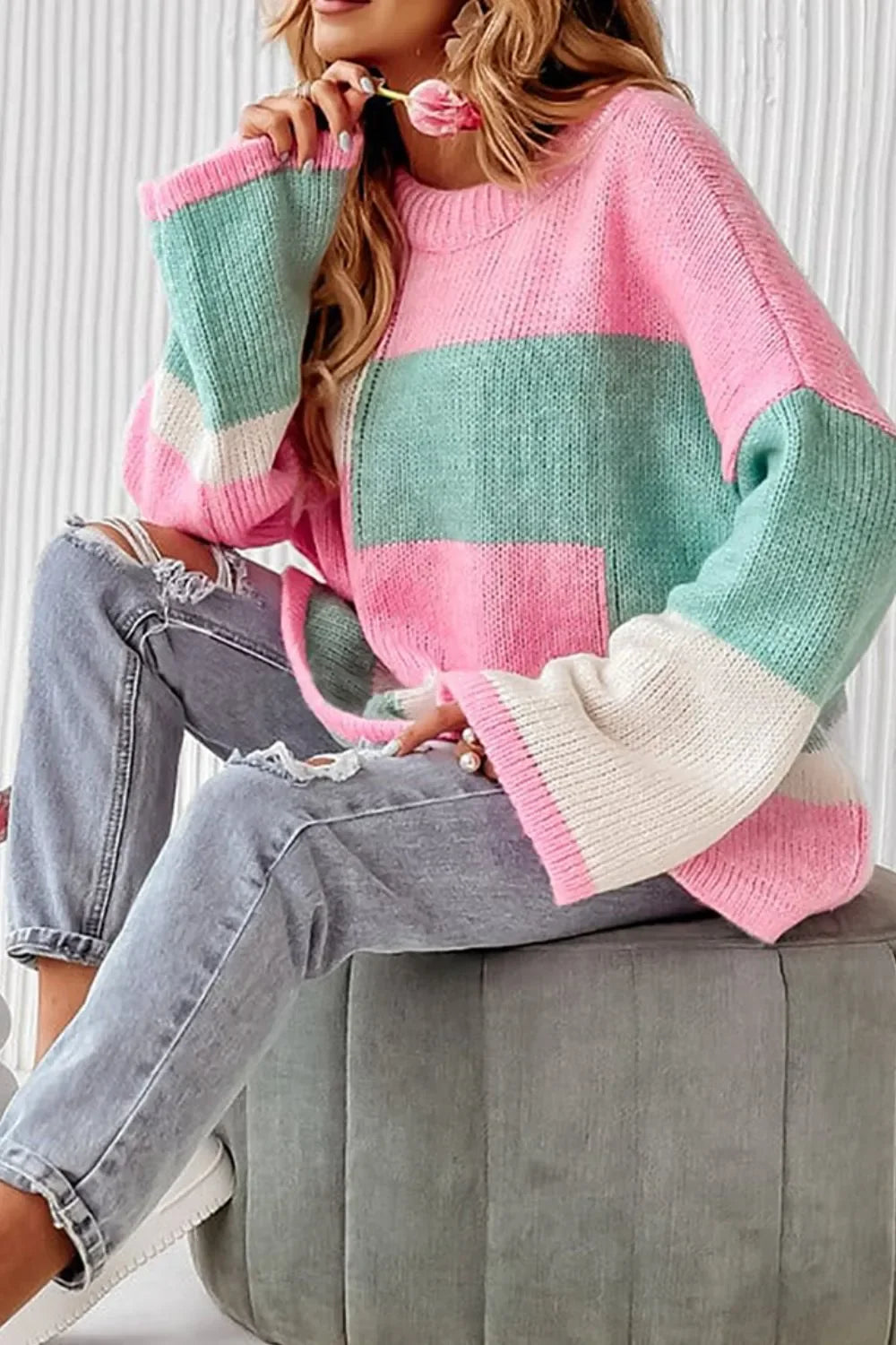 Daverri Fashions pastel striped bell-sleeve sweater with pom-pom