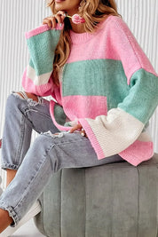 Daverri Fashions pastel striped bell-sleeve sweater with pom-pom