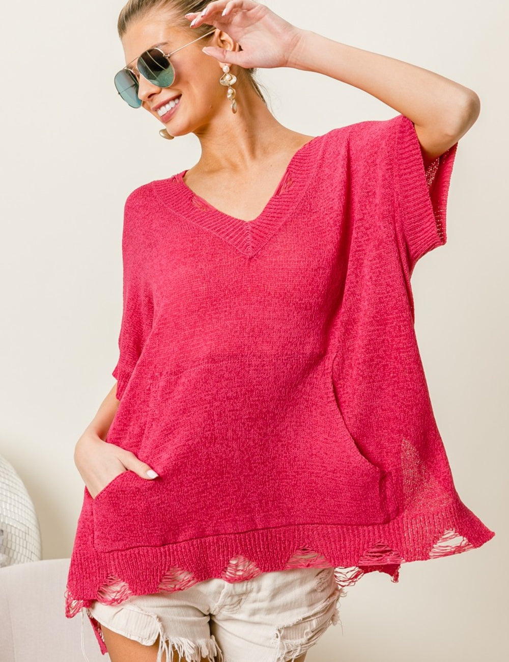 BiBi Distressed Hem V-Neck Slit Sweater Fuchsia