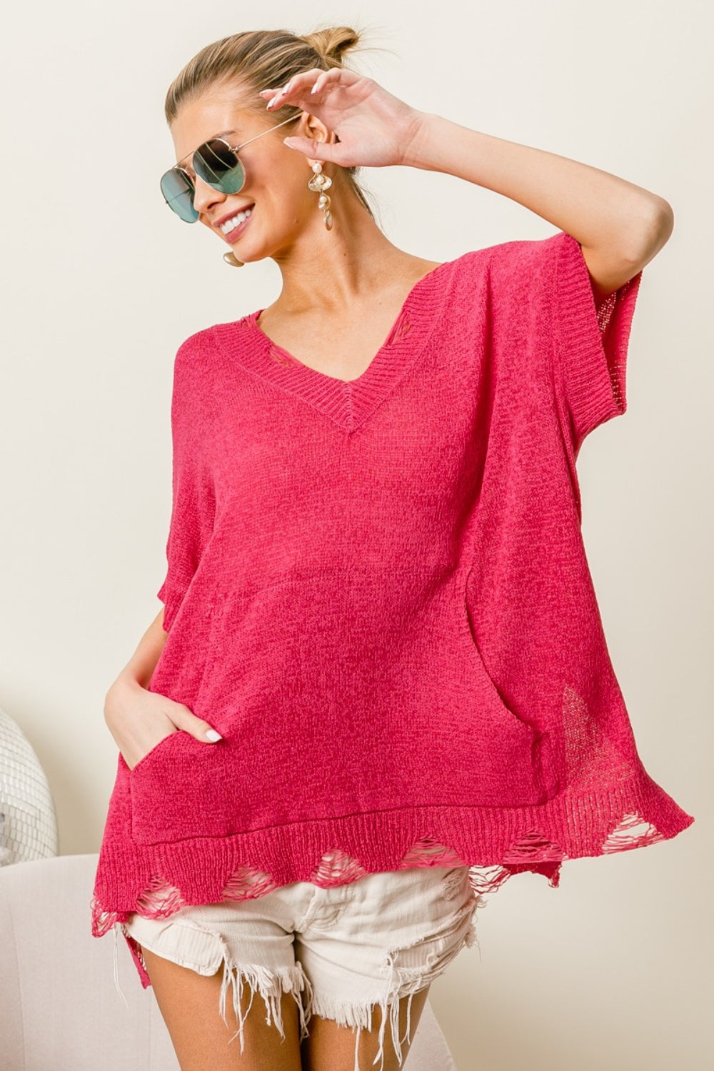 BiBi Distressed Hem V-Neck Slit Sweater Fuchsia