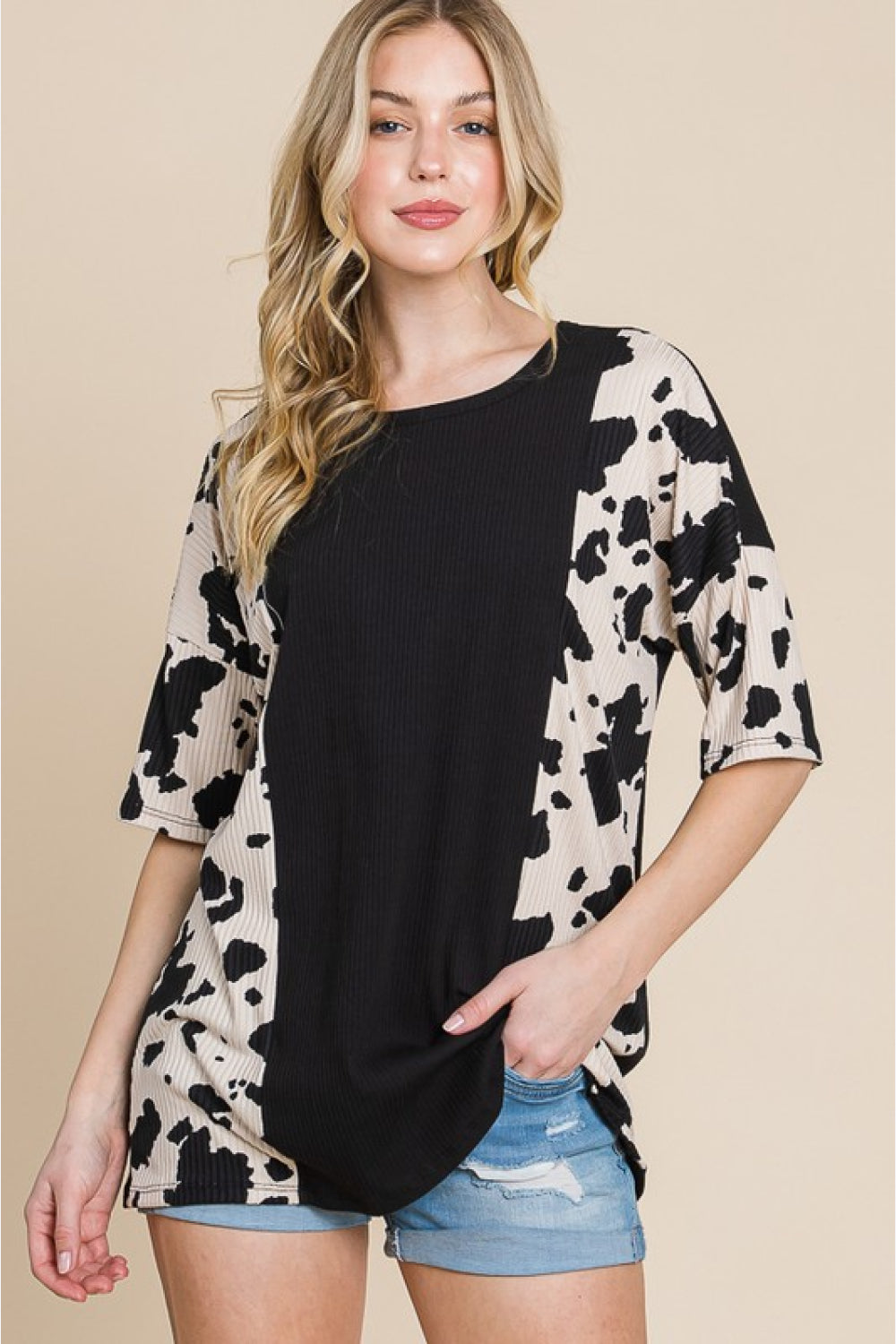 Black BOMBOM Rodeo Love Ribbed Animal Contrast Tee | Daverri Fashions