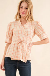 And The Why Plaid Patterned and Ruffled Wrap Blouse Top | Daverri Fashions