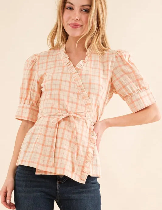 And The Why Plaid Patterned and Ruffled Wrap Blouse Top | Daverri Fashions