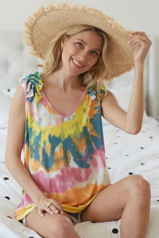 BiBi Circular Tie Dye Knit V Neck Top With Ruffle - DAVERRI FASHIONS