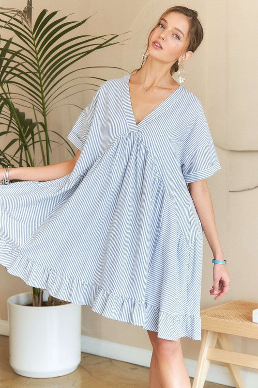 ADORA Ruffled Hem Striped V-Neck Babydoll Dress Babydoll Dresses