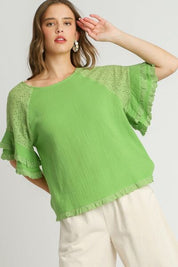 Umgee Full Size Cotton Gauze Round Neck Ruffle Eyelet Layered Sleeve Blouse Plus Size Lime