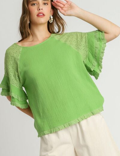 Umgee Full Size Cotton Gauze Round Neck Ruffle Eyelet Layered Sleeve Blouse Plus Size Lime