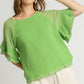 Umgee Full Size Cotton Gauze Round Neck Ruffle Eyelet Layered Sleeve Blouse Plus Size Lime 1XL Blouses