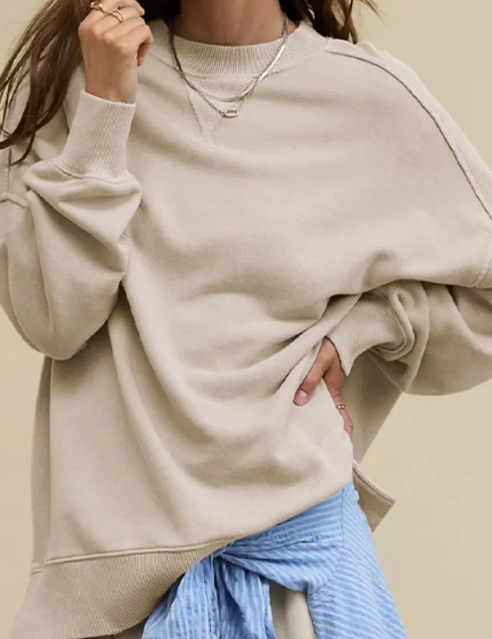 Khaki Side Slit Round Neck Long Sleeve Sweatshirt | Sweatshirts Daverri Fashions