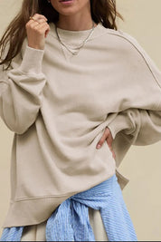 Khaki Side Slit Round Neck Long Sleeve Sweatshirt | Sweatshirts Daverri Fashions