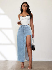 High Rise Slit Denim Skirt | Skirts Daverri Fashions