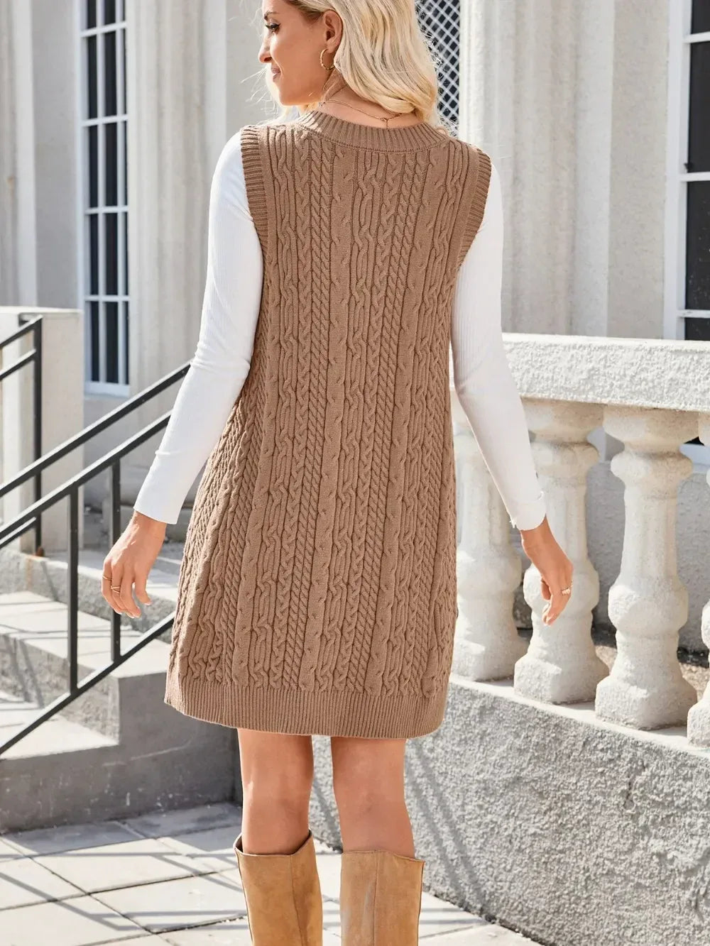 Lovelet Cable Knit V-Neck Mini Sweater Overall Dress - DAVERRI FASHIONS