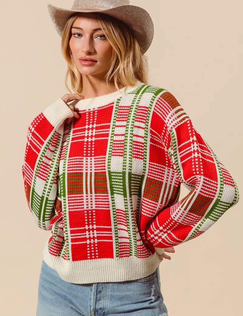 IVORY COMBO SO ME Christmas Color Checkered Plaid Crew Neck Sweater | Sweaters Daverri Fashions