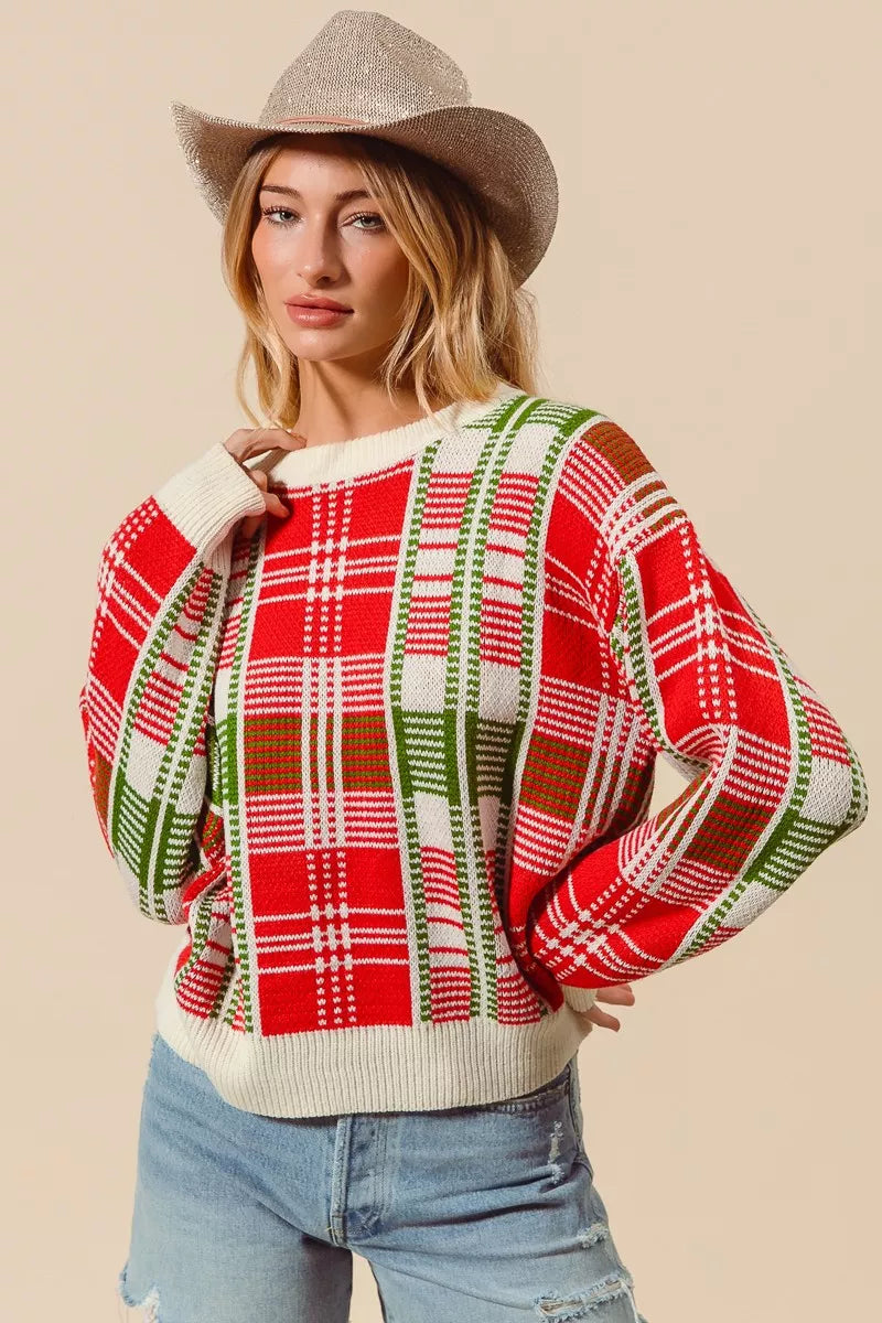 IVORY COMBO SO ME Christmas Color Checkered Plaid Crew Neck Sweater | Sweaters Daverri Fashions