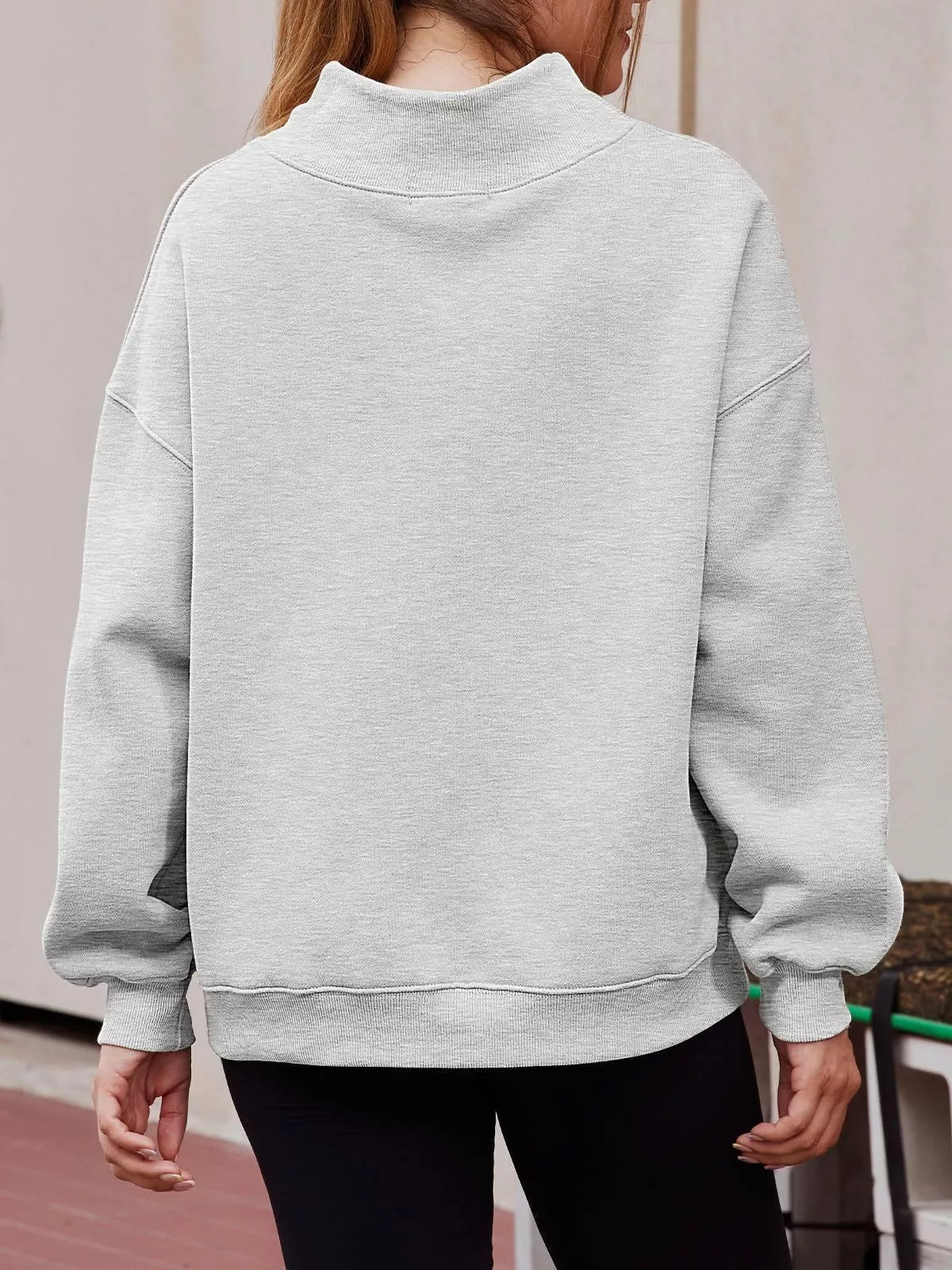 Mock neck dropped shoulder sweatshirt in soft heather gray with ribbed cuffs