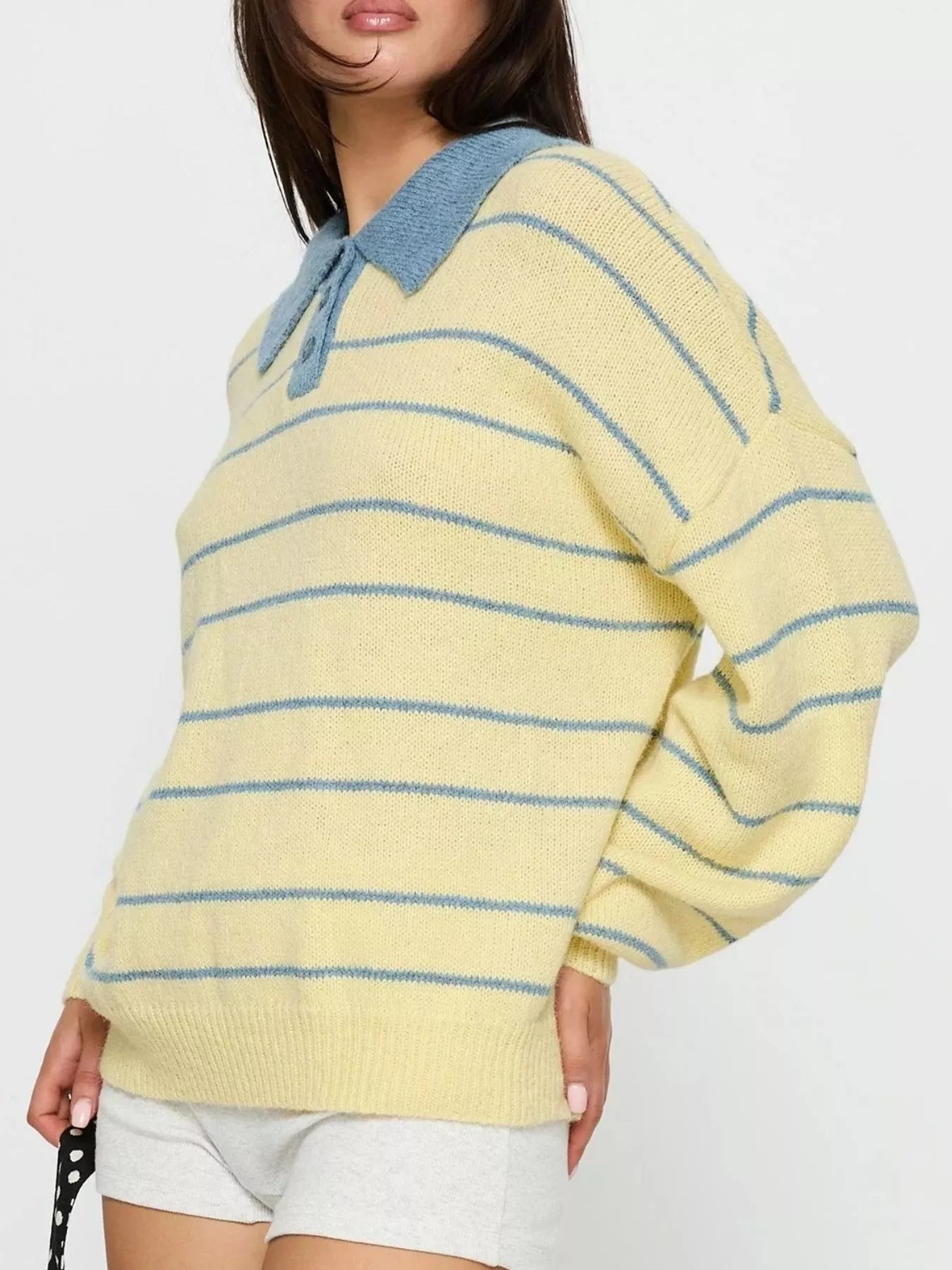 Womens long sleeve yellow knit striped polo collar sweater