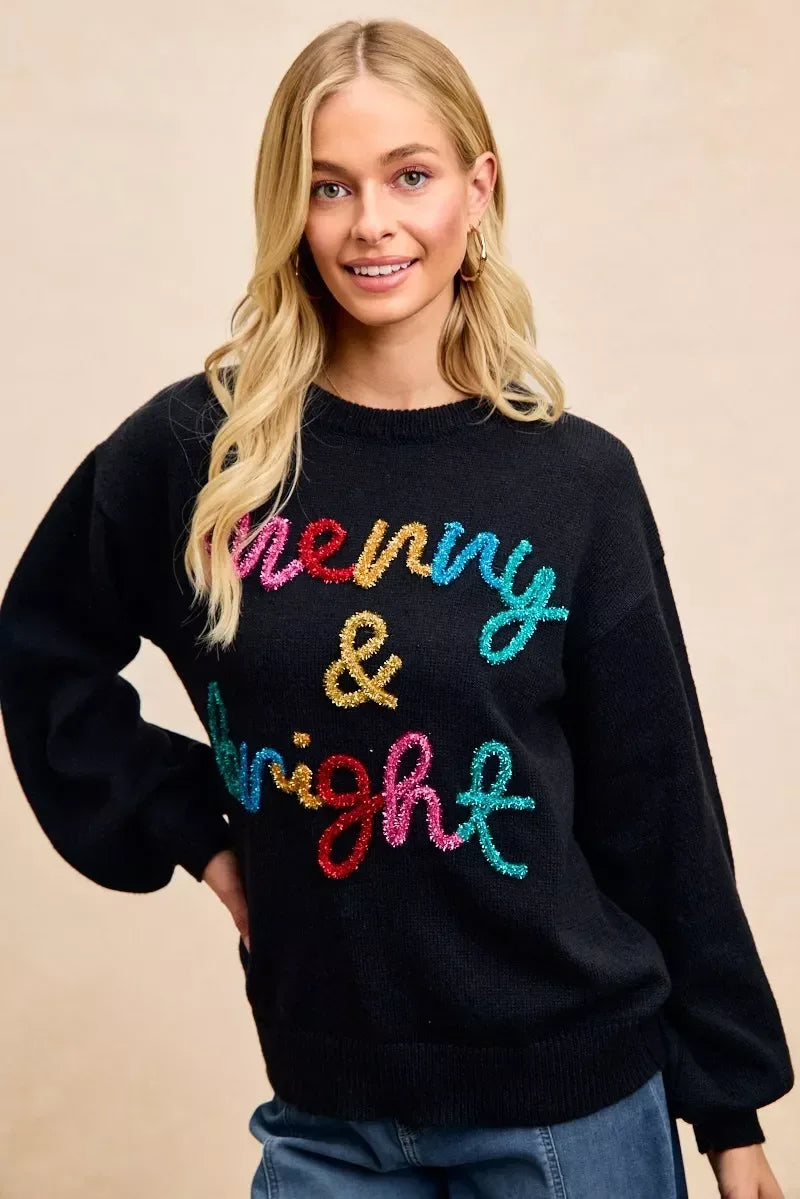 BiBi Tinsel Lettering Christmas Sweater - DAVERRI FASHIONS