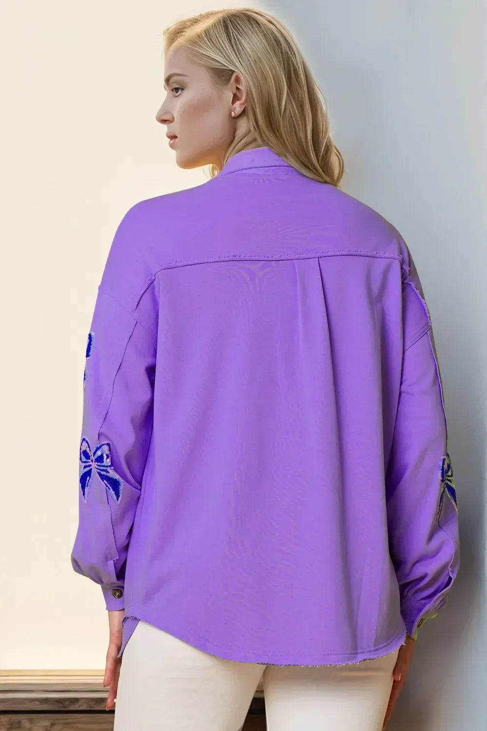 Double Take Full Size Sequin Bow Button Up Shacket - DAVERRI FASHIONS