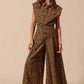 SO ME Wide Leg Leopard Twill Overalls Jumpsuit with Tuck