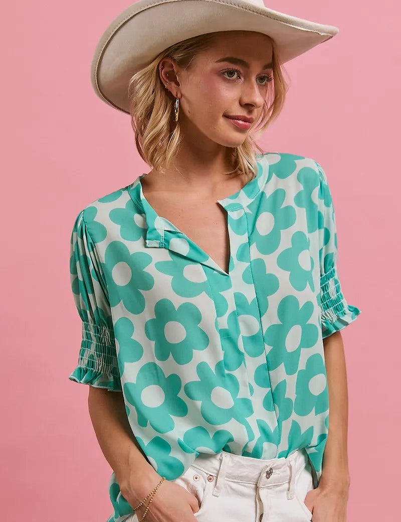 MINT BiBi Flower Printed Woven Smocking Sleeves V Neck Top | Blouses Daverri Fashions