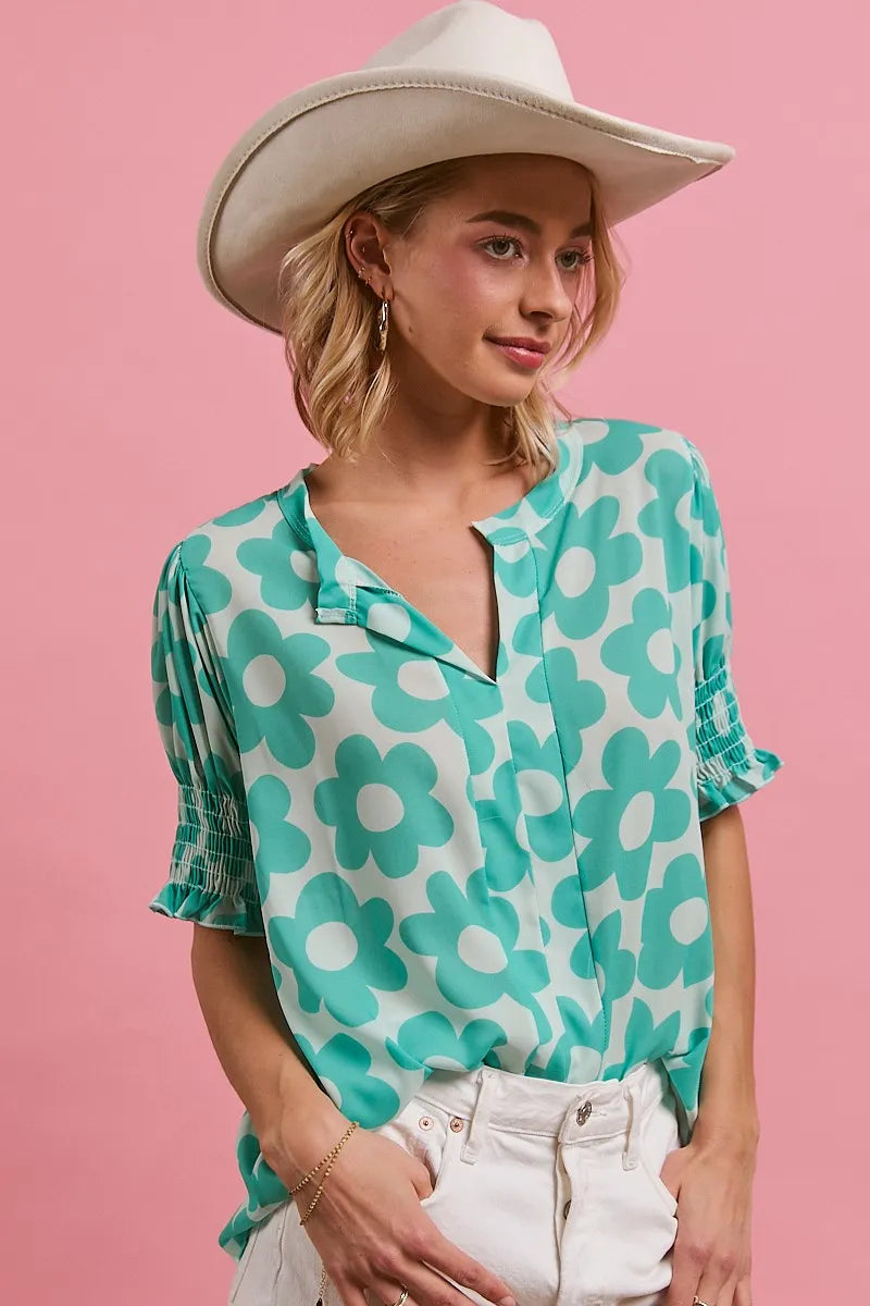 MINT BiBi Flower Printed Woven Smocking Sleeves V Neck Top | Blouses Daverri Fashions