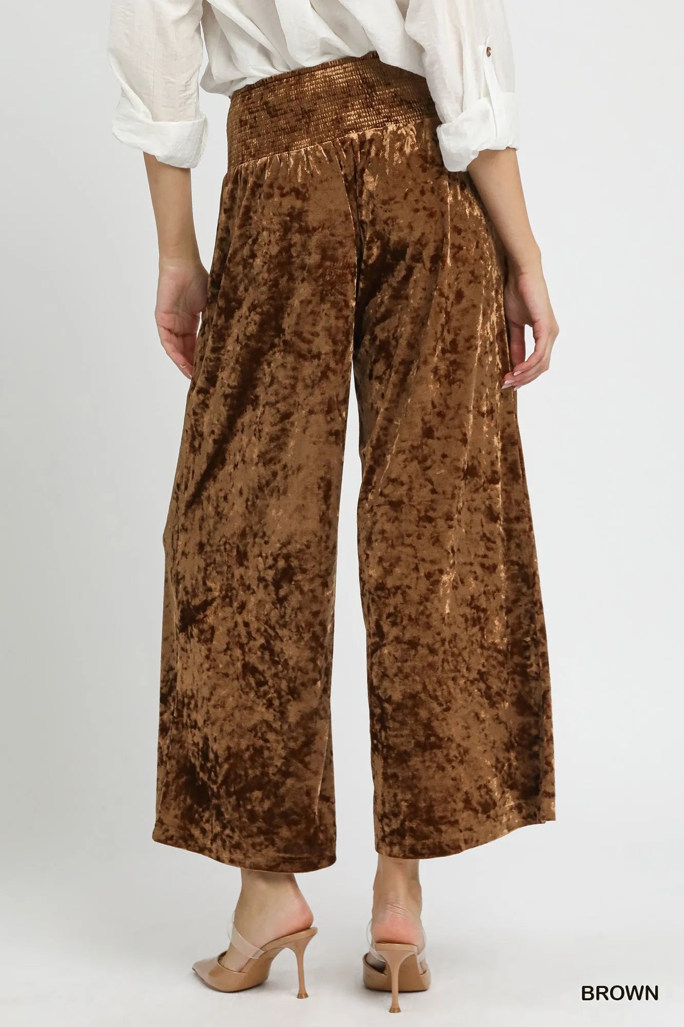 Umgee Velvet Smocked Waistband Wide Leg Pants Pants