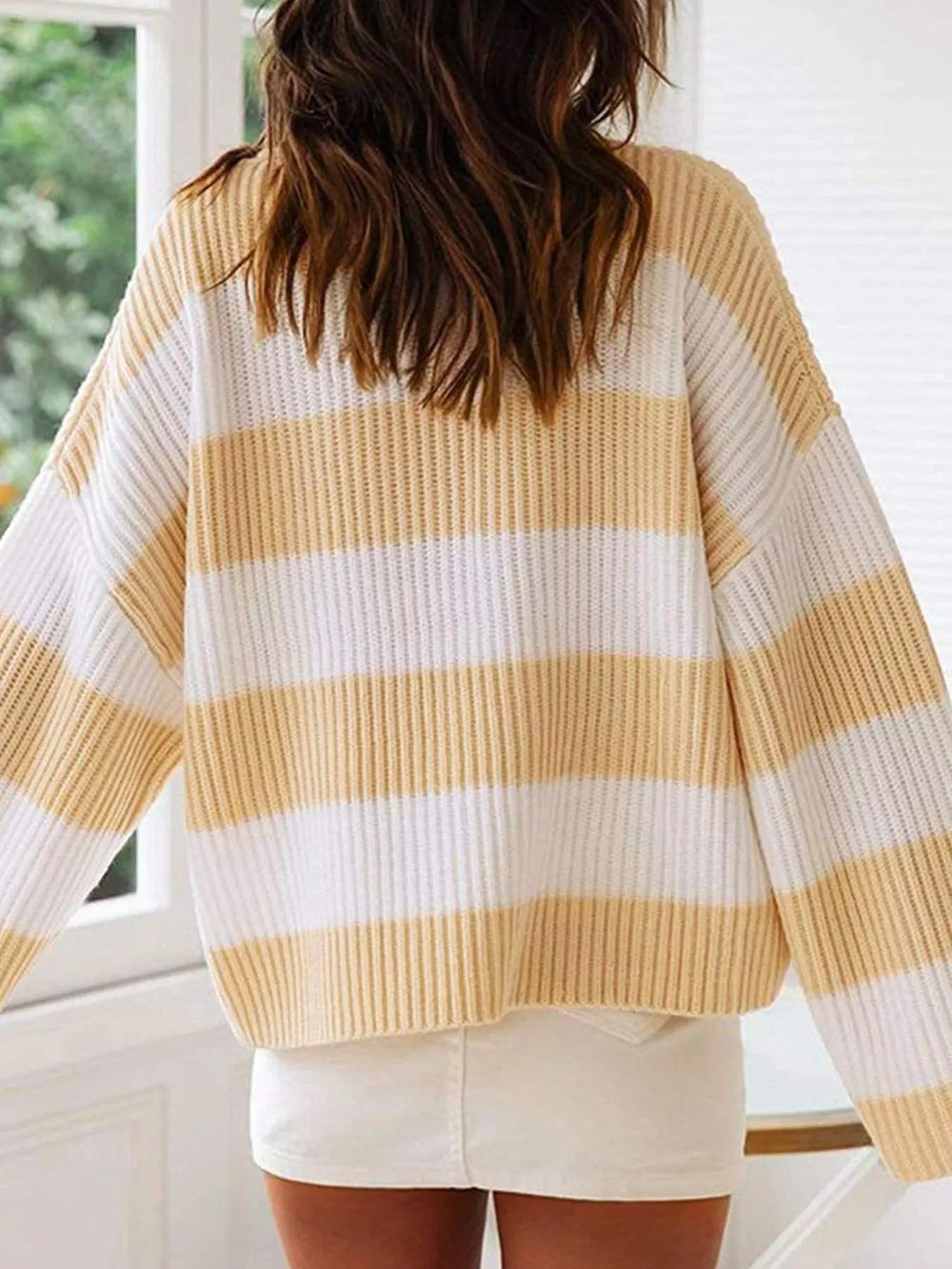 Cozy oversized Daverri Fashions striped knit sweater in cream and mustard yellow