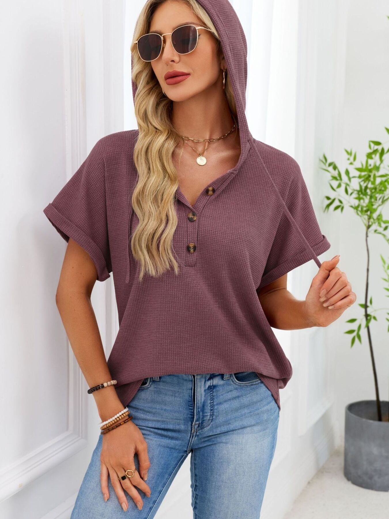 Daverri casual waffle knit mauve hooded button top