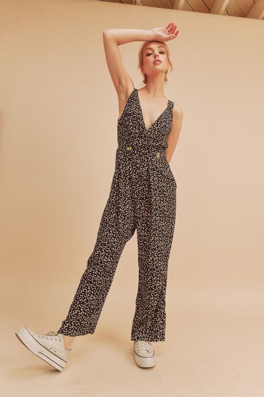 Aemi + Co Ditsy Floral Surplice Sleeveless Wide Leg Jumpsuit Jumpsuits